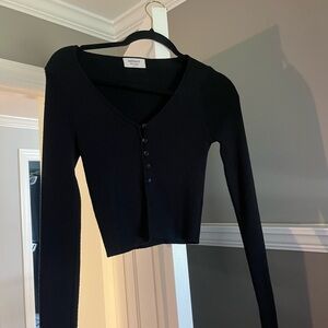 Mid Length Black Ribbed Scoop-Neck Henley Long Sleeve Top